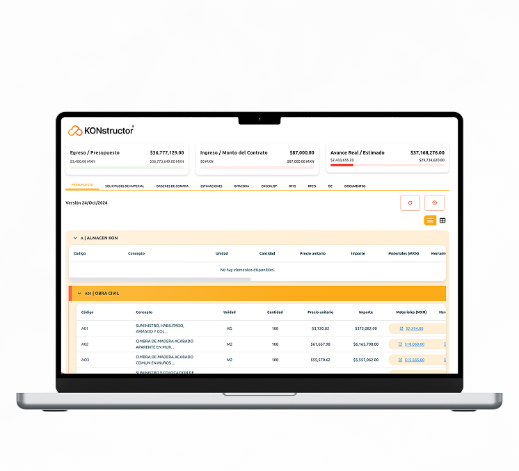 Vista de gestión de partidas y presupuestos en software KONSTRUCTOR