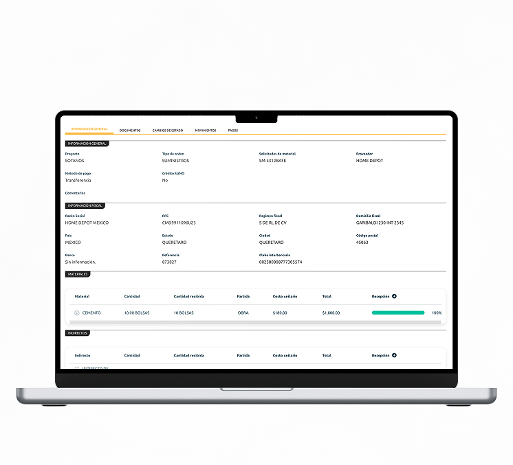 Sistema de órdenes de compra para proyectos de construcción